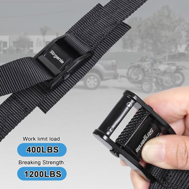 Strgenie Cam Buckle tie Down Straps with Hook, 4pcs Heavy Duty tie Down Cam Straps 12ft with Soft Loops for Motorcycle, Dirt Bike, Trucks, Kayak, Car - Image 2